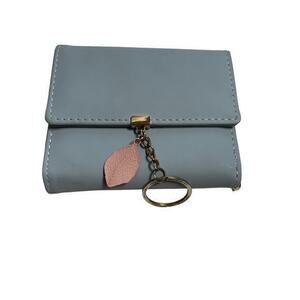 NWOT Horizontal Closure Bi-Fold, Key Chain Wallet, Soft Baby Blue, Feather Charm